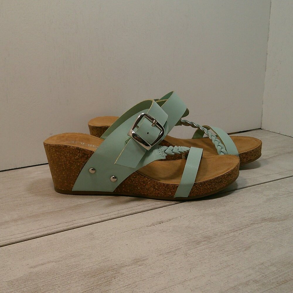 Annie Comfort Light Aqua Boho Summer Cork Coastal Wedges Braided Strap SZ 6.5 - Picture 6 of 13